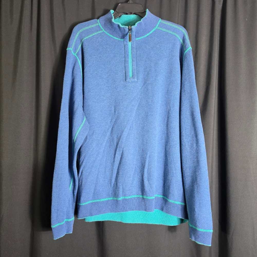 Tommy Bahama Men Quarter Zip Pullover Sweater Teal Contrast Stitch XL Reversible